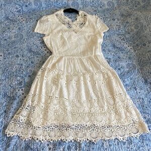 MYC ivory white French lace with white pearl dress. Size 6-8.